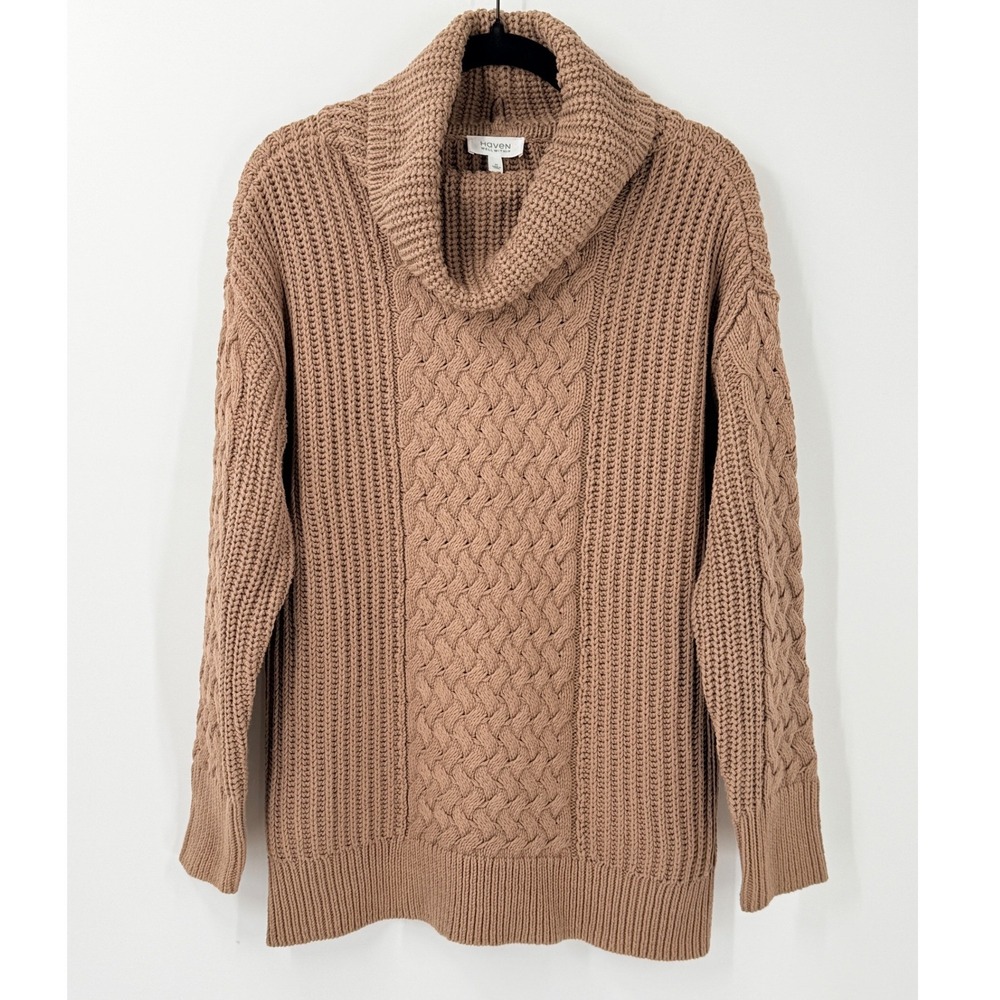 Haven Well Within Sweater Womens sz M Brown Cable Knit Fisherman Cowl Neck